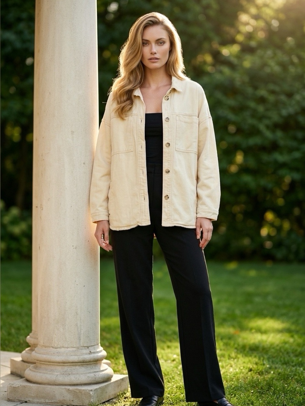 Women's Cream Button-Front Shacket - L